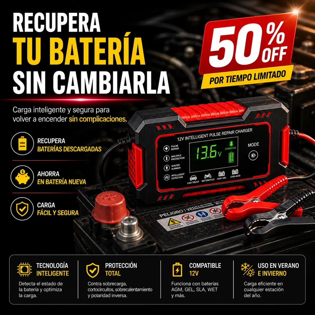 Cargador Reparador Inteligente de Baterías de Auto