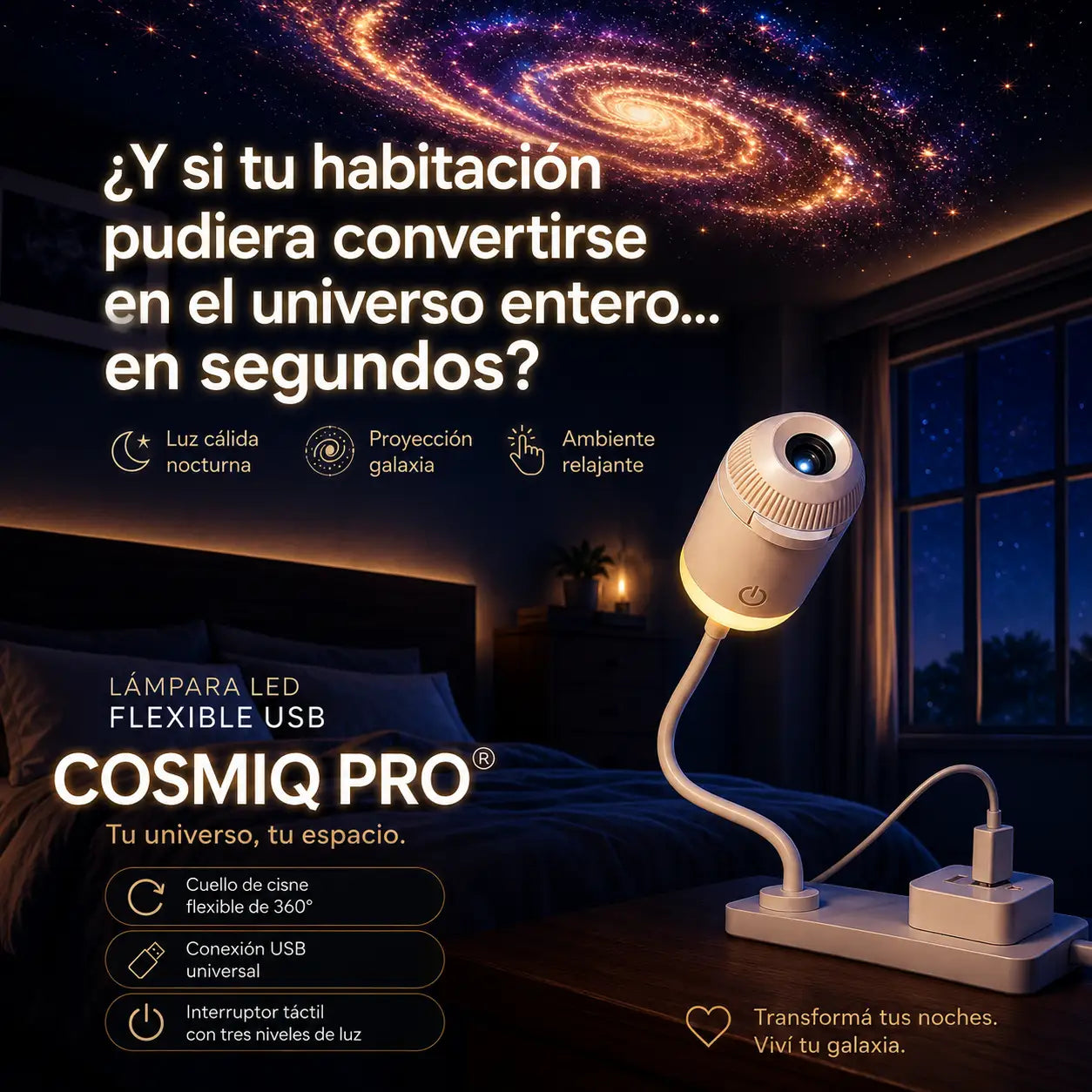 Lámpara luz nocturna Proyector Estrellas y Galaxia USB 2 En 1
